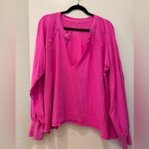 Free People Bright Pink V-Neck whimsical ls workout layering tee